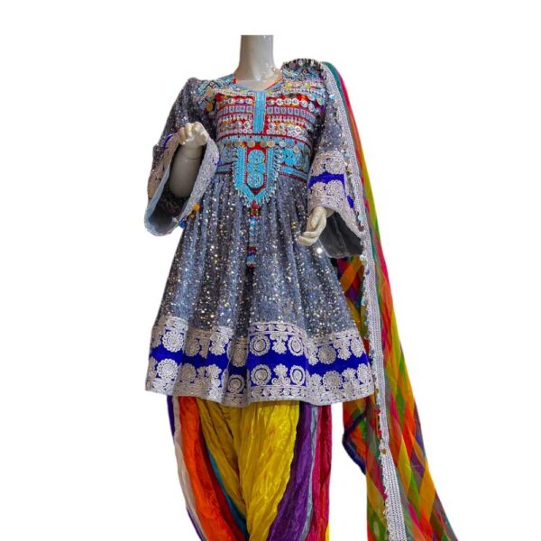 Beautiful Afghani Dress Set with Shiny Gray Fabric colourful Tunban - Image 3