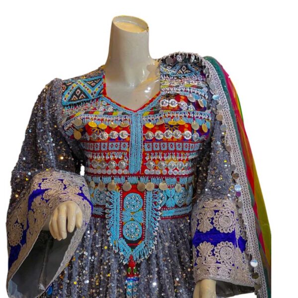 Beautiful Afghani Dress Set with Shiny Gray Fabric colourful Tunban
