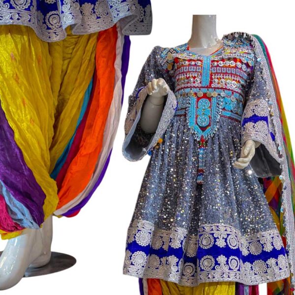 Beautiful Afghani Dress Set with Shiny Gray Fabric colourful Tunban - Image 2